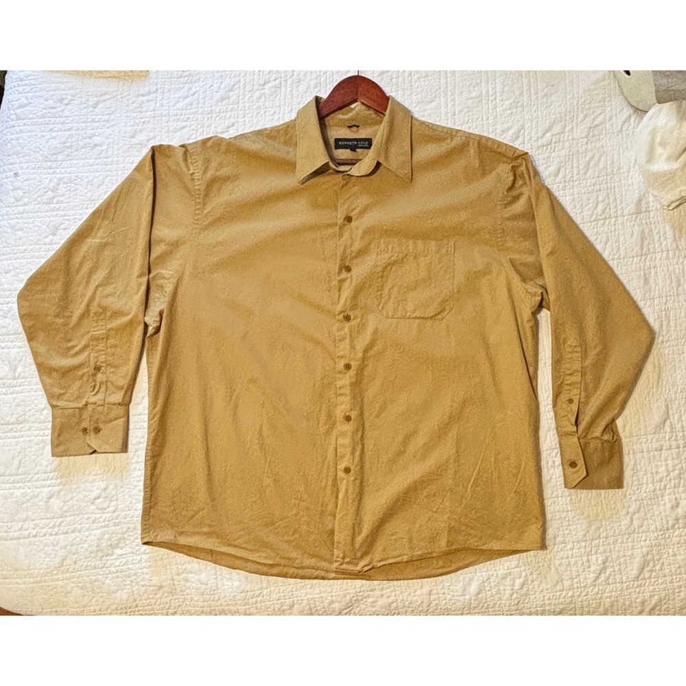 Kenneth Cole Button Down Men 17.5 34-35 Tan Excellent Solid Long Sleeve Shirt
